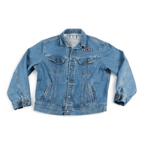 Vintage Lee Jean Jacket Adult LARGE Blue Denim 90s Medium Wash Delco Electronics - Picture 1 of 12